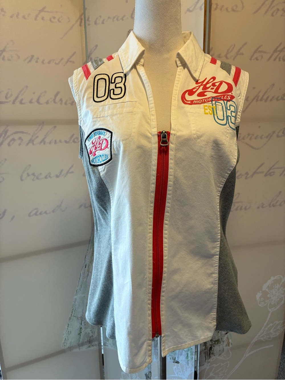 Harley-Davidson White Sleeveless Zip Front Racing Vest with Red Accents
